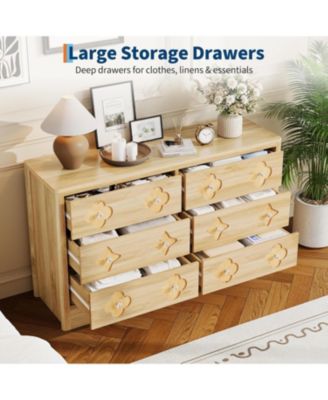 Rattan 6-Drawer Dresser for Bedroom, 47" Wide Wooden Chest with Large Storage, Beige