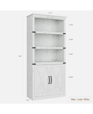 Farmhouse Bookcase with Doors, 5-Tier 70" Tall Bookshelf with Storage Cabinet for Living Room, White