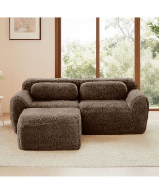 L-shaped Boneless Sofa, Soft Fluffy Plush Fabric, Chocolate