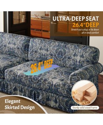 74" 3-Seater Cloud Couch, Oxford Fabric Sofa with Rolled Arms & Skirt, Blue Floral