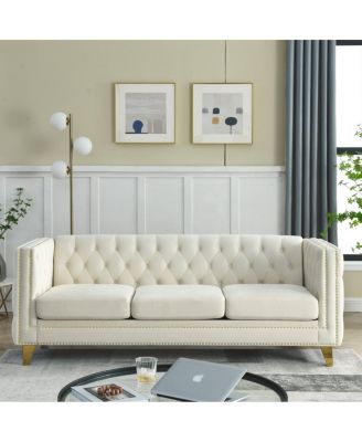 Velvet Sofa for Living Room, Tufted Square Arm Couch, Modern Upholstered Button Couch
