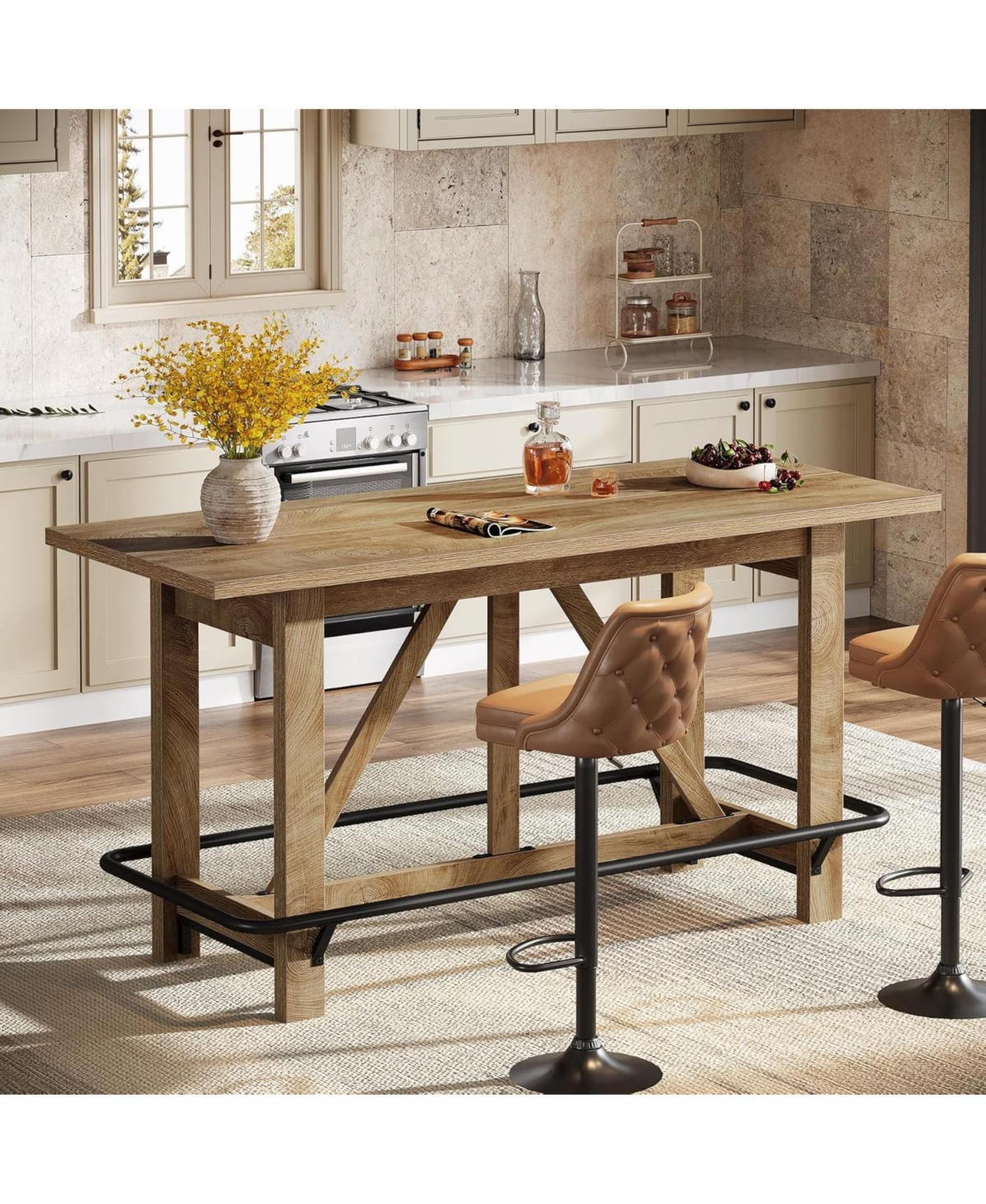 Tribesigns 63" Bar Table, Long Counter Height Pub Dining Table with Footrest, Home Bar Furniture for Bar, Kitchen & Dining Room, Living Room