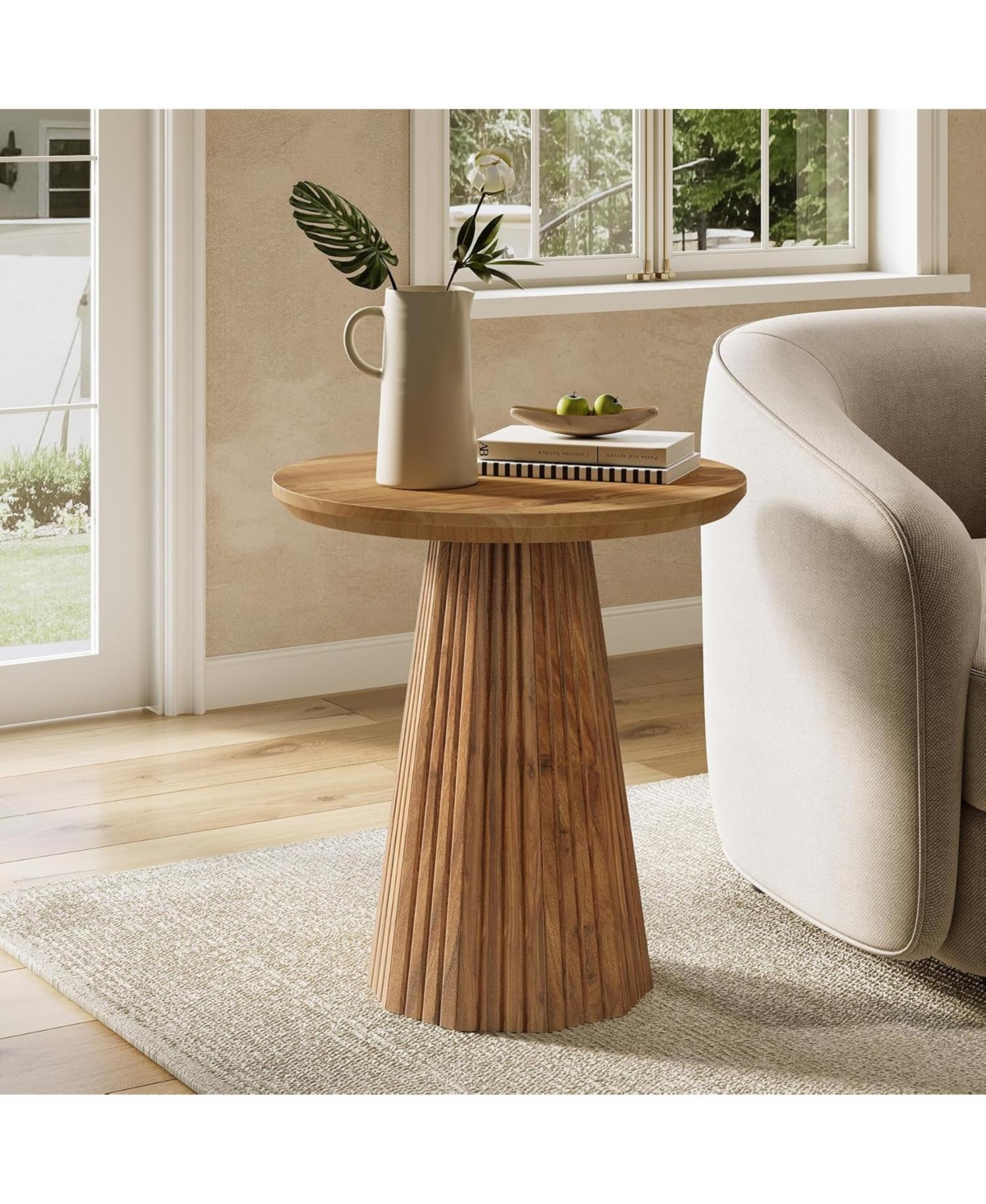 Tribesigns Solid Wood End Table, 19" Small Round Pedestal Side Table with Fluted Base, Farmhouse Bedside Table for Living Room, Small Space