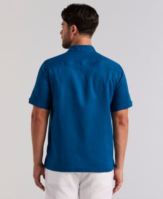 Men's Short-Sleeve Panel Button-Front Linen Camp Shirt