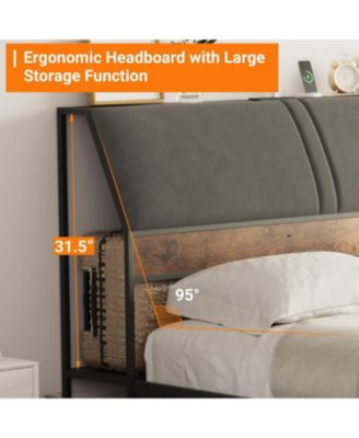 Queen Size Bed Frame with Ergonomic Headboard and Charging Station, Upholstered Platform Bed, Metal Industrial Bed Frame with 4 Storage Drawers