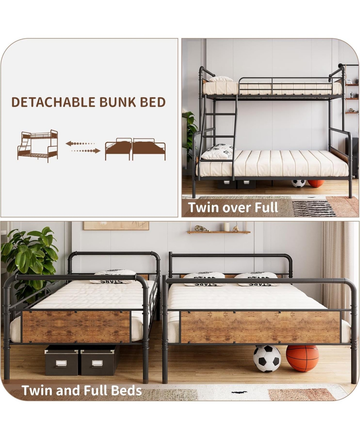 gaomon Bunk Beds Twin Over Full Size, Heavy Duty Metal Bed with Safety Guardrails, Angled Ladder, Under-Bed Storage