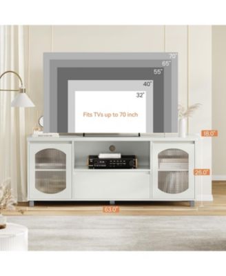 Modern TV Stand for 65 Inch TV, TV Cabinet with Fluted Glass Door and Open Shelve, White TV Entertainment Center with Storage