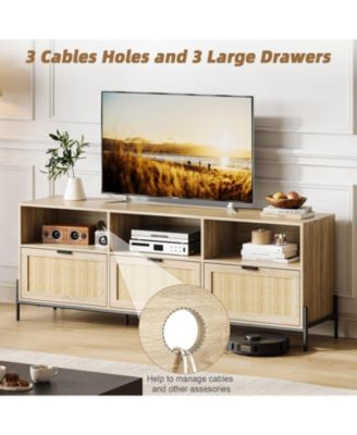 TV Stand for 65 Inch TV, Entainment Center with Storage, Rattan TV Console with 3 Drawers and Open Shelf, Mid Century Modern TV Stand