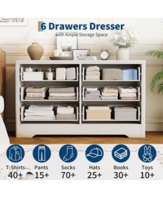 Fluted 6-Drawer Dresser for Bedroom, 47.4" Wide Wooden Chest with Large Storage & TV Stand Use, White