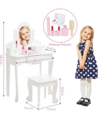 Kids Vanity Set with Mirror and Stool, Girls Wooden Makeup Playset