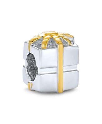 Two Tone Ribbon Bow Gift Box Birthday Present Charm Bead Gold Plated .925 Sterling Silver Fit European Bracelet