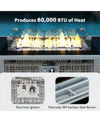 K&K 43 Inch Propane Gas Fire Pit Table 60000 BTU Rectangular Open Weave Wicker with Glass Wind Guard for Outdoor Patio Garden