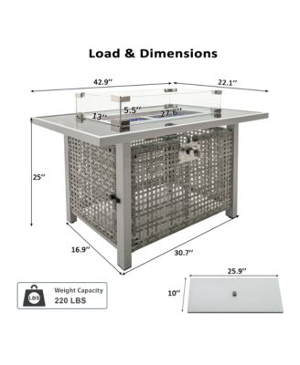 K&K 43 Inch Propane Gas Fire Pit Table 60000 BTU Rectangular Open Weave Wicker with Glass Wind Guard for Outdoor Patio Garden