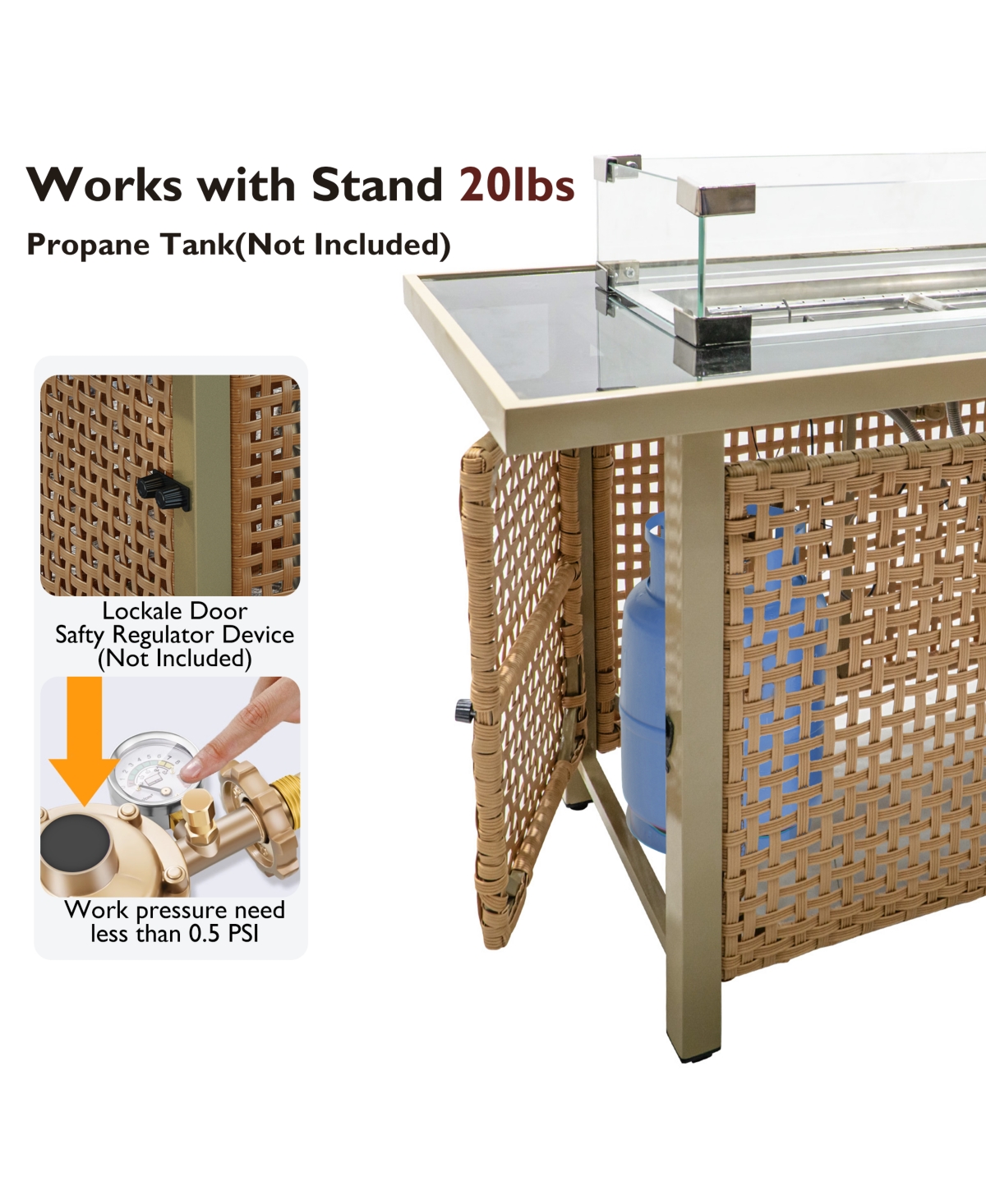 Flynama K&K 43 Inch Propane Gas Fire Pit Table 60000 Btu Rectangular Open Weave Wicker with Glass Wind Guard for Patio Garden