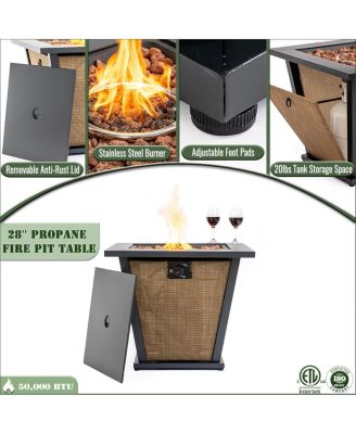 28 Inch Propane Gas Fire Pit Table 50000 BTU Square Steel Brown Industrial Natural Style for Outdoor Patio Garden