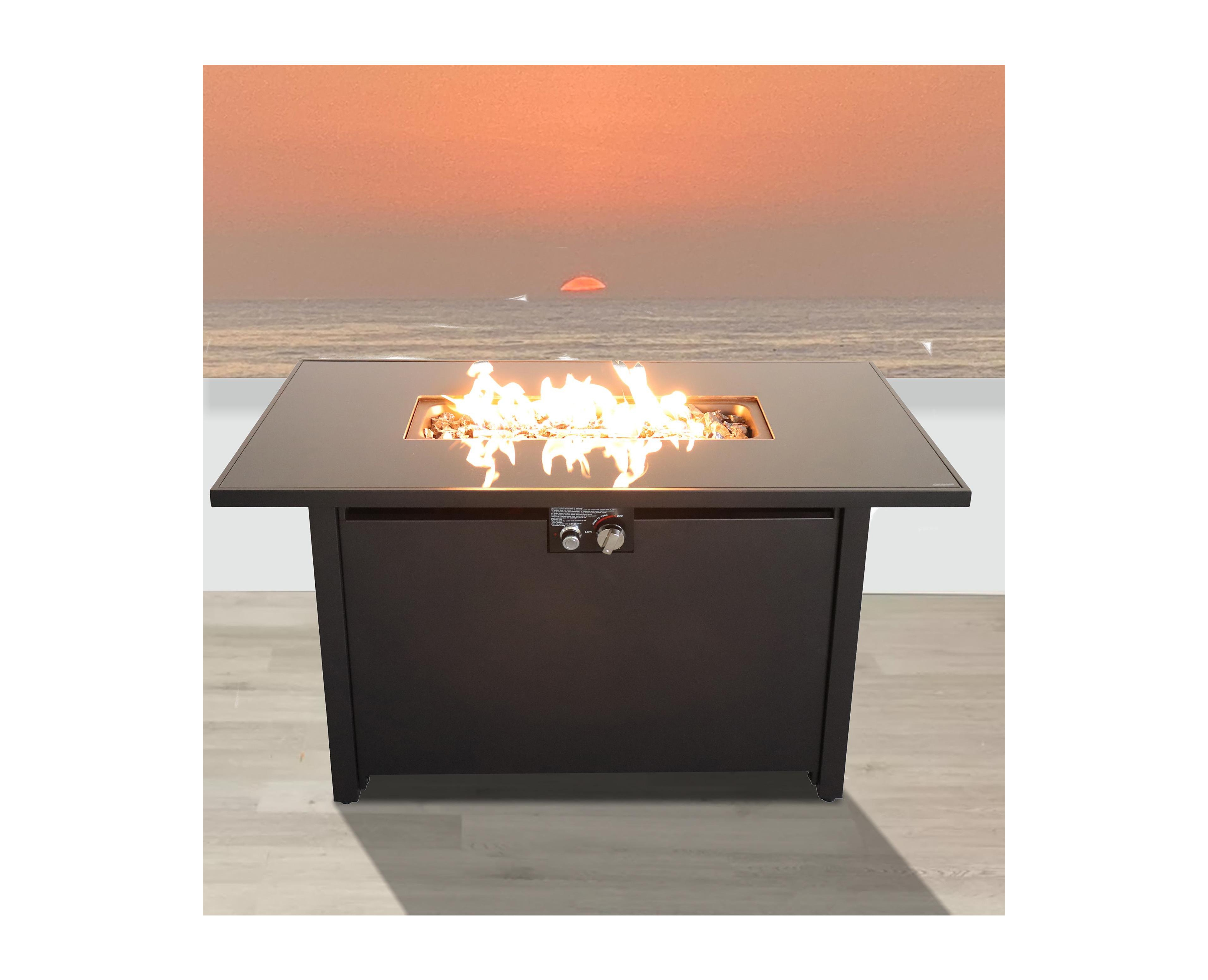 Flynama 42 Inch W 25 Inch H Steel Outdoor Fire Pit Table Black Smoked Glass Top 50000 Btu Push Button Ignition