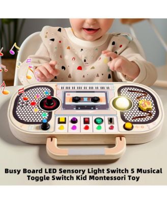 Interactive Light & Sound Busy Board for Toddlers, Montessori Toy with 5 Musical Switches & Games