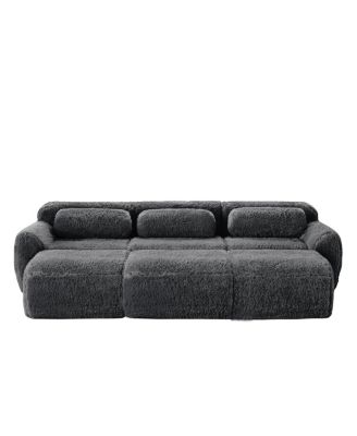 3-Seater Plush Fabric Sofa with Movable Ottoman, No Assembly Required, Dark Gray