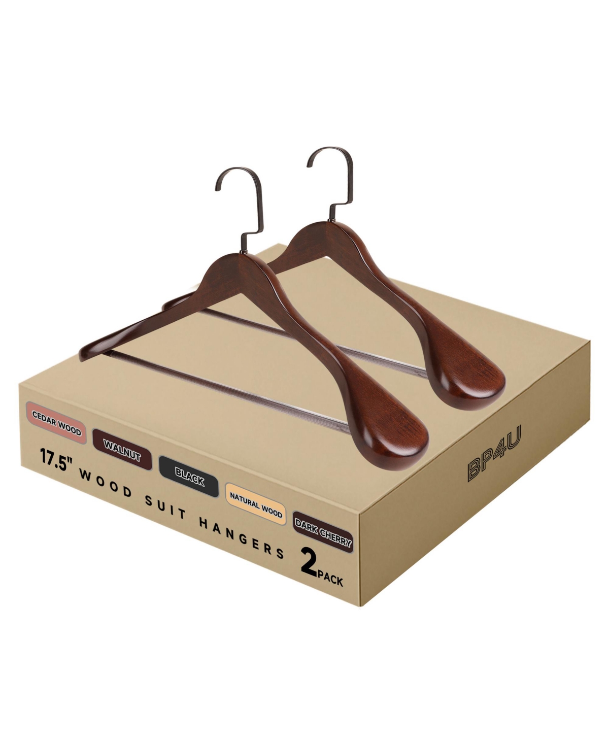 BP4U Wooden Suit Hangers with Pants Bar for Men's Clothes, 17.5-Inch Wide Shoulder Solid Wood Coat Hangers for Jackets, Shirts, Trousers - Walnut