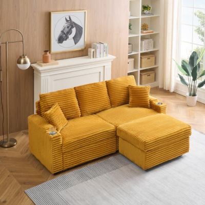 80 Inch Corduroy Sleeper Sofa Bed with Storage Ottoman, Pull-Out Convertible Couch for Living Room or Guest Room