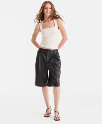 Women's Faux-Leather Pleated Bermuda Shorts