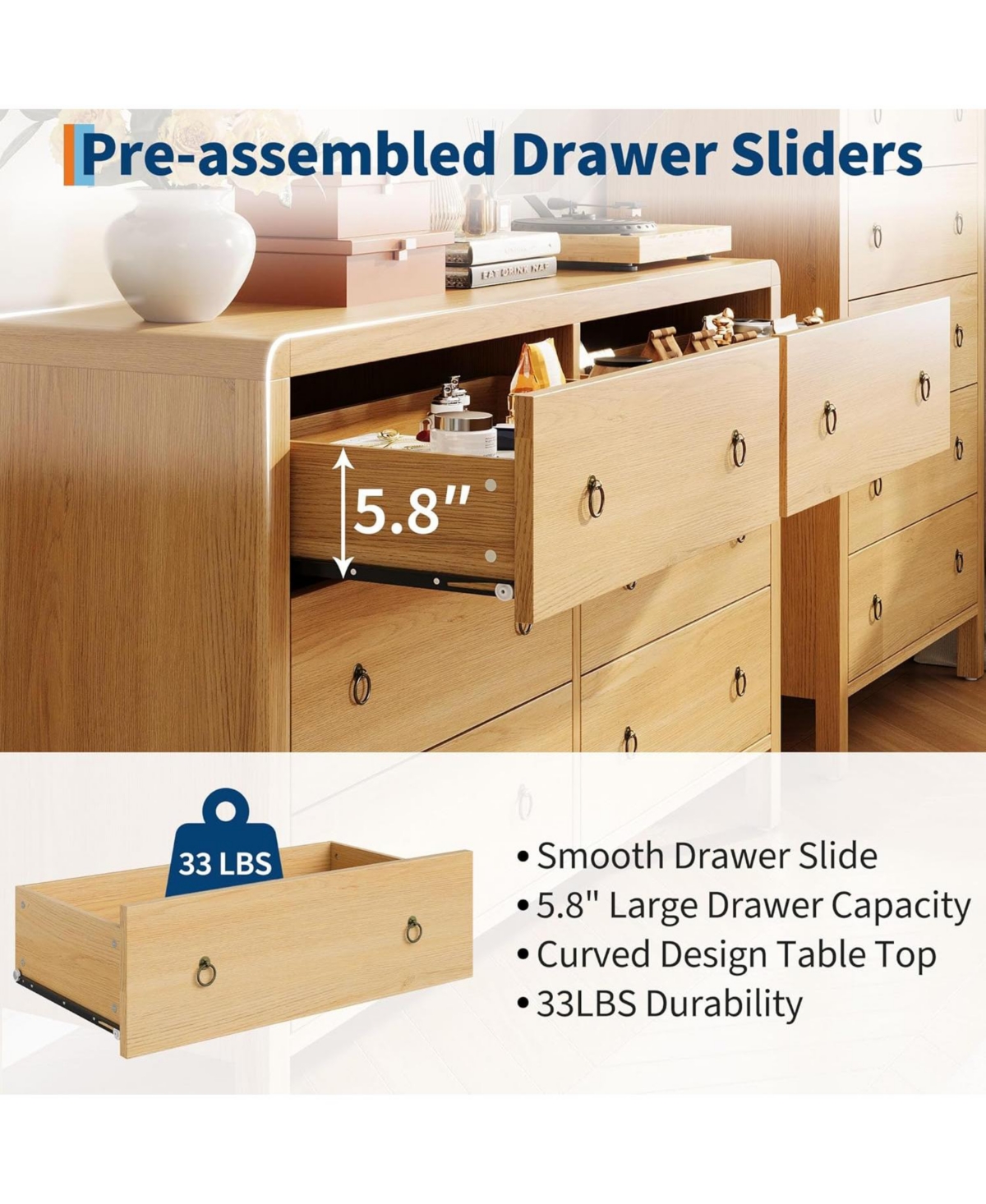 gaomon 7 Drawer Dresser for Bedroom, Wooden Chest of Dressers for Deep Drawers, Modern Dressers Organizer with Round Handle, Tv Stand for Living Room