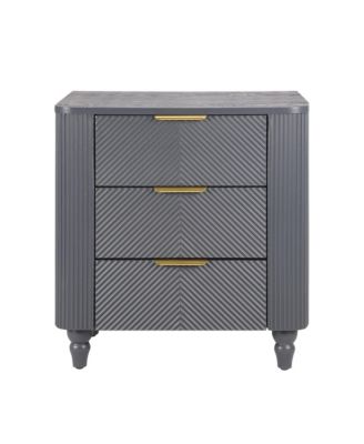 Mid-Century Fluted Nightstand with 3 Storage Drawers, Wood Bedside End Table with Curved Profile & Metal Handle for Bedroom, Living Room