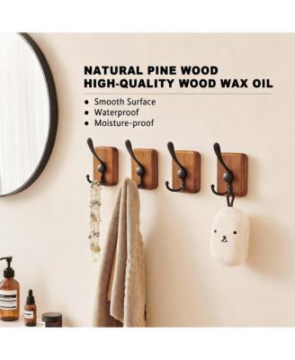 4 Pack Rustic Iron Hooks, Heavy Duty, Adhesive & Drill, Brown