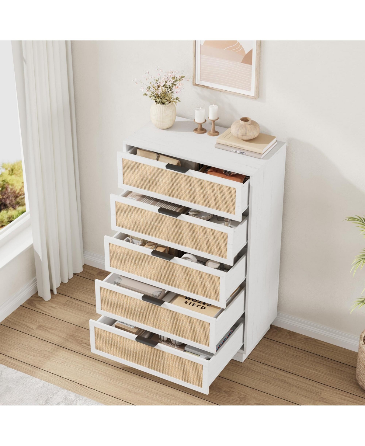 gaomon 5 Drawer Rattan Dresser for Bedroom, Integrated Cabinet and Legs Design