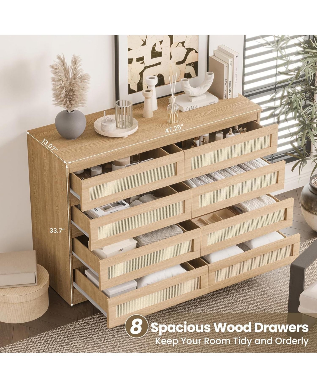 gaomon Rattan Dresser for Bedroom with 8 Drawers, 47'' Wide Chest of Oak Furniture Large Storage Tower Unit, Closet Store Organizer
