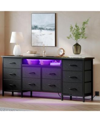 63'' Long Dresser for Bedroom with 10 Fabric Drawers, Entertainment Center TV Stand 65''-75'' TV, White Dresser with Power Outlet