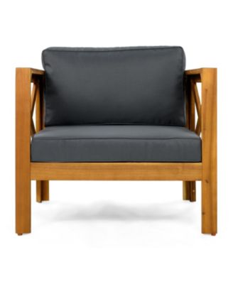 2 Piece Outdoor Acacia Wood Club Armchair Set Teak Finish with Dark Grey Cushions Conversation Set