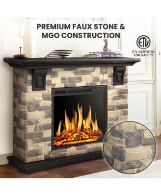 50" Electric Fireplace TV Stand, Fireplace with Faux Stone-Look Mantel , 750/1500W Dual Heat Settings