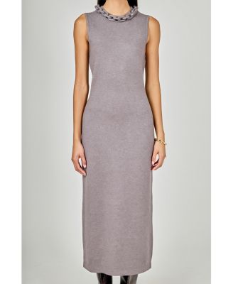 Women's Knitted Chain Detail Sleeveless Midi Dress