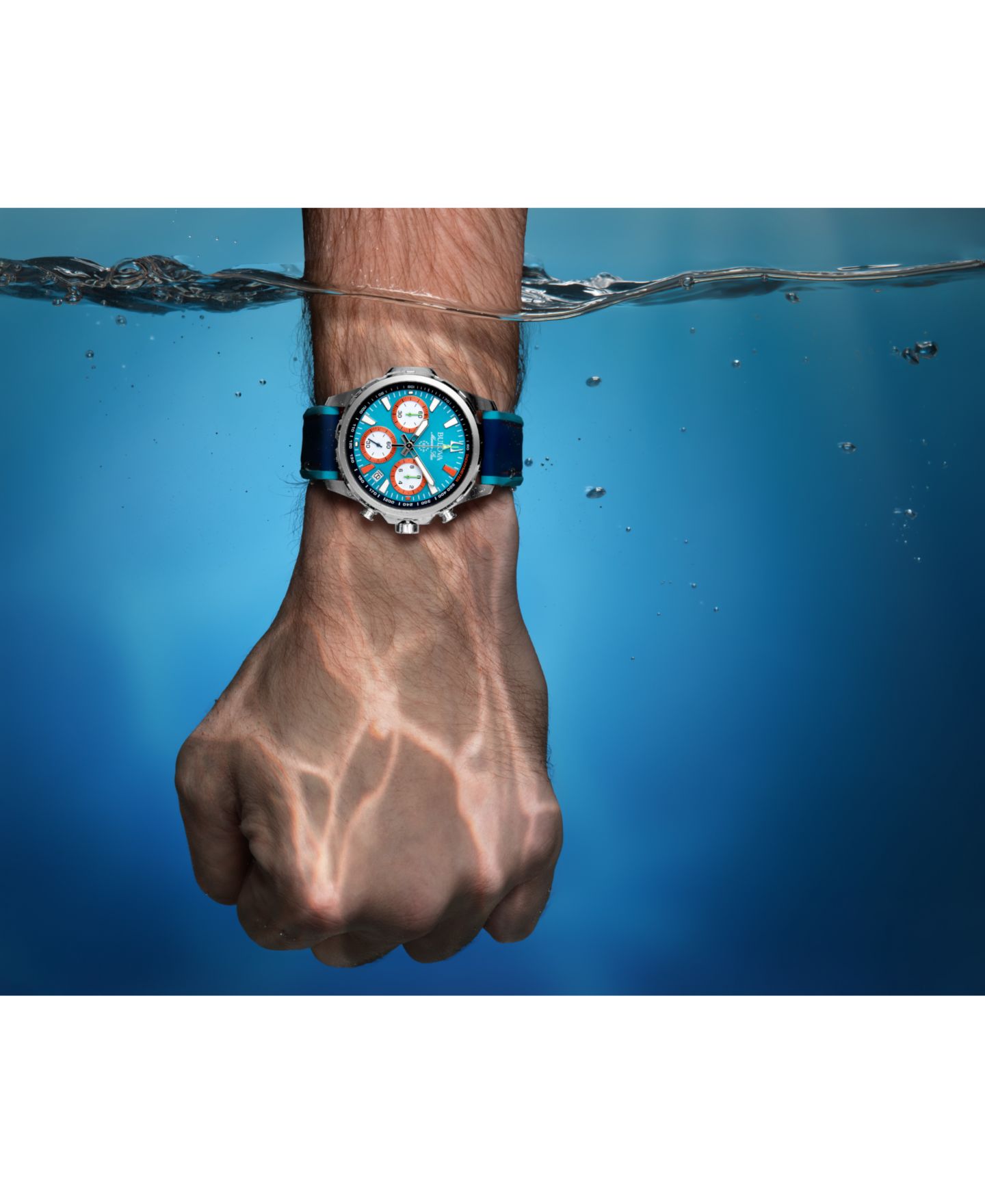 Мужские часы Bulova Marine Star E1 Team Miami Chronograph Blue Leather and Silicone Strap Watch 43mm — фото 5