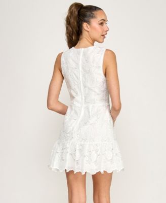 Juniors' Sleeveless Floral Embroidered Lace Crew Neck Dress