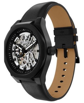 Armani Exchange Men's Sync Automatic Black Leather Watch, 44mm