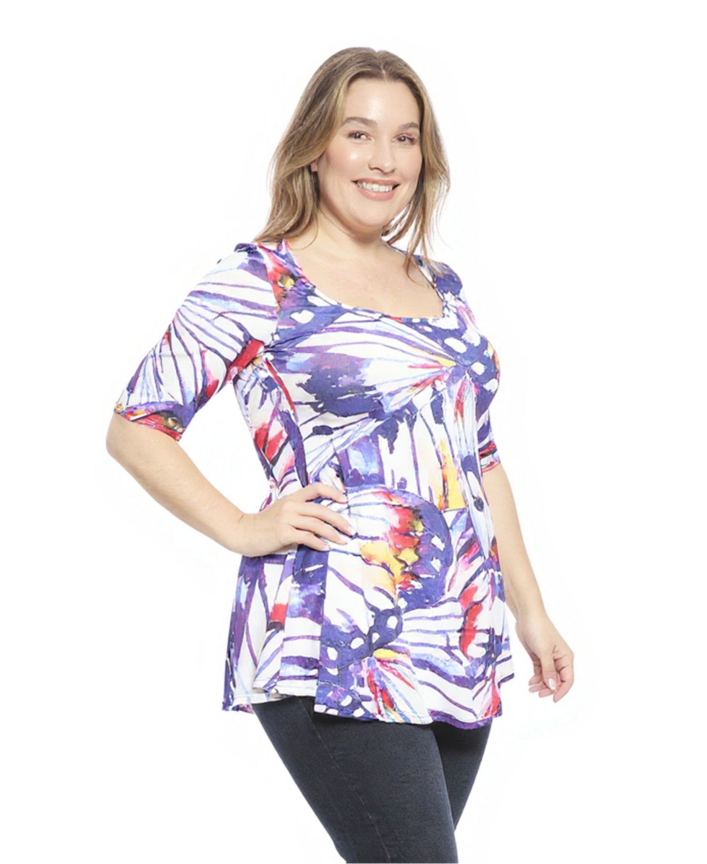 Женский топ 24seven Comfort Apparel Plus Size Butterfly Scoop Neck Elbow Sleeve Tunic Top, цвет: Синий разноцветный — фото 2
