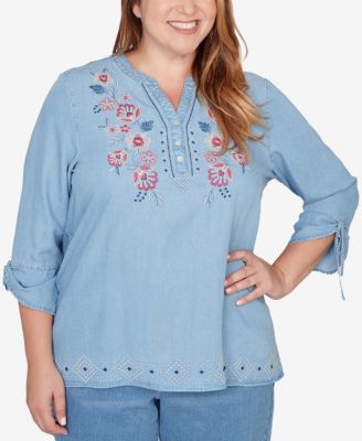 Plus Size Austin Floral Embroidered Tie Sleeve Henley Top