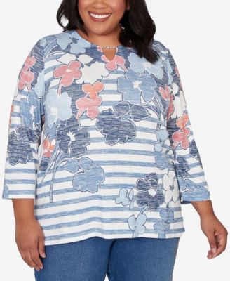Plus Size Austin Stripe Floral Split Neck Knit Top