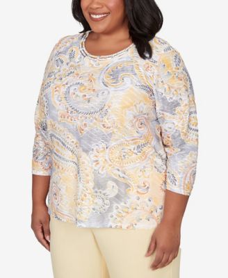 Plus Size Al Fresco Paisley Printed Patch Knit Top