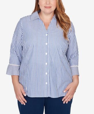 Plus Size Mykonos Mixed Stripe Button front closure Lace Trim Top