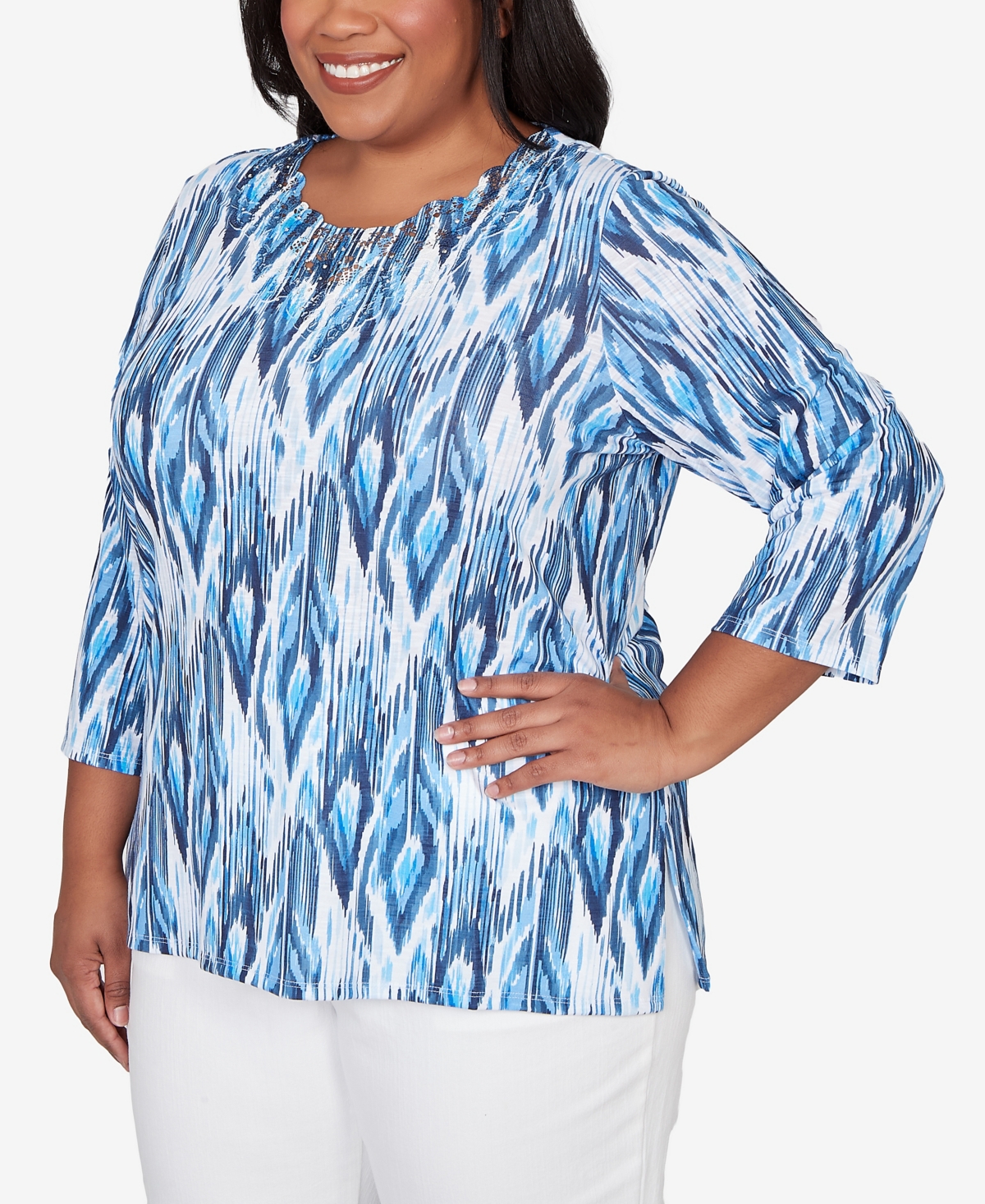 Alfred Dunner Plus Mykonos Ikat Embellished Neck Top