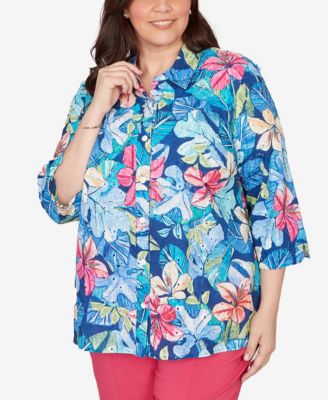 Plus Size The Royal Treatment Tropical Eyelet Button Down Top