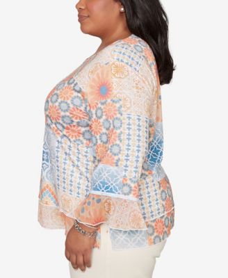 Plus Size Beachcomber Patchwork Medallion Ruffle Sleeve Top