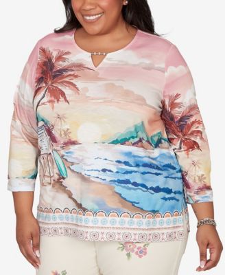 Plus Size Beachcomber Sunset Beach Scenic Split Neck Top