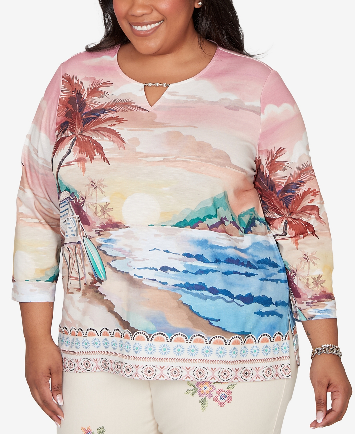 Alfred Dunner Plus Beachcomber Sunset Beach Scenic Split Neck Top