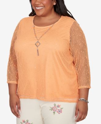 Plus Size Beachcomber Bright Popcorn Mesh Top with Necklace