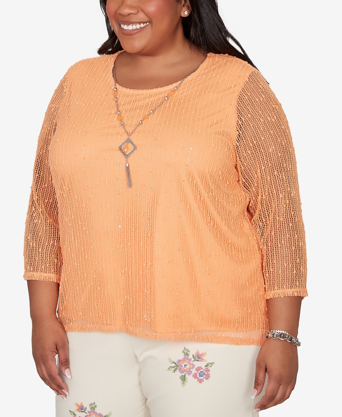 Alfred Dunner Plus Beachcomber Bright Popcorn Mesh Top with Necklace