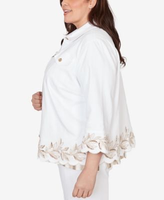 Plus Size Natural Wonder Leaf Cutout Embroidered Shirt Jacket